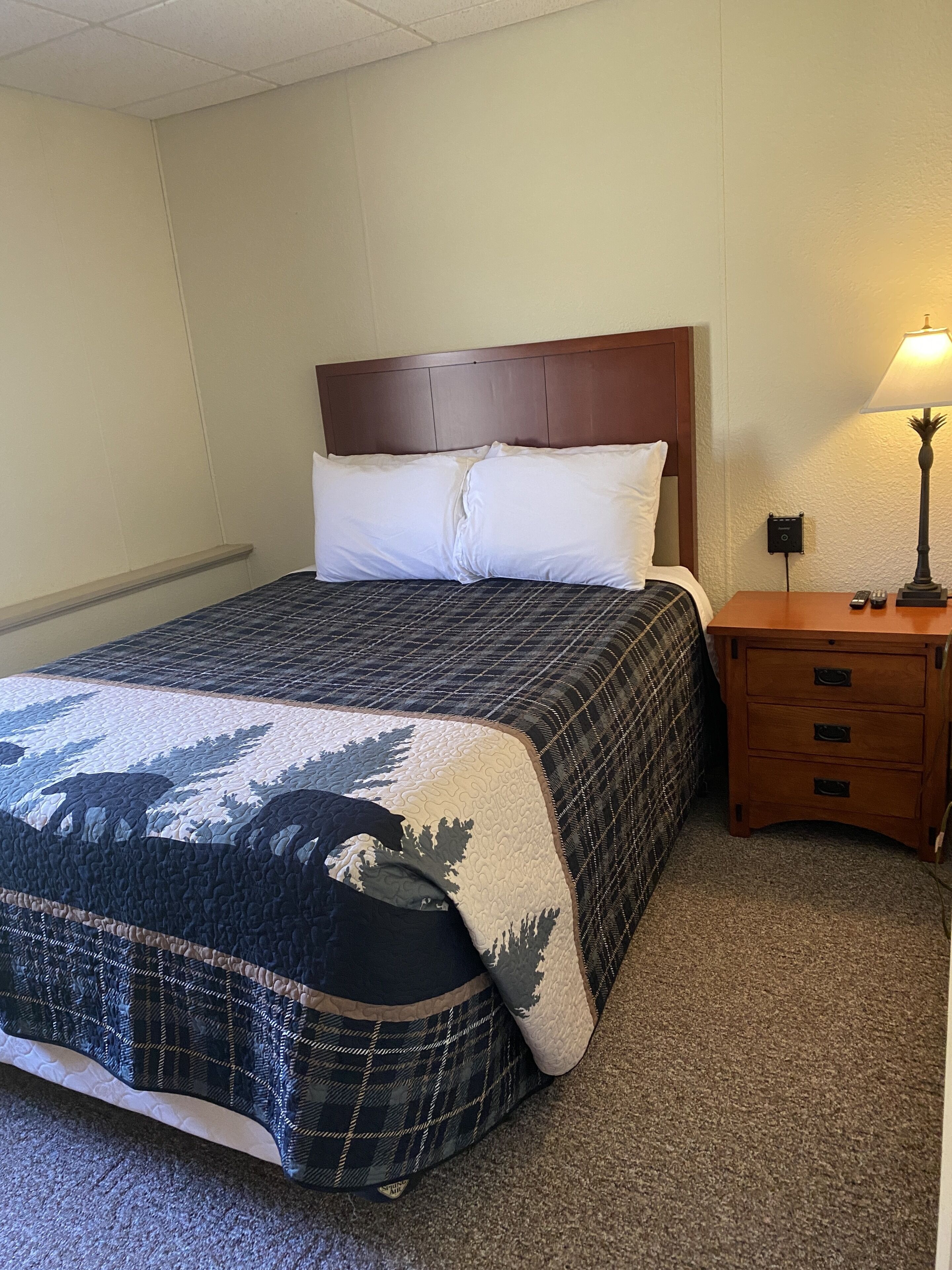 A hotel room with a bed, a nightstand, and a lamp.