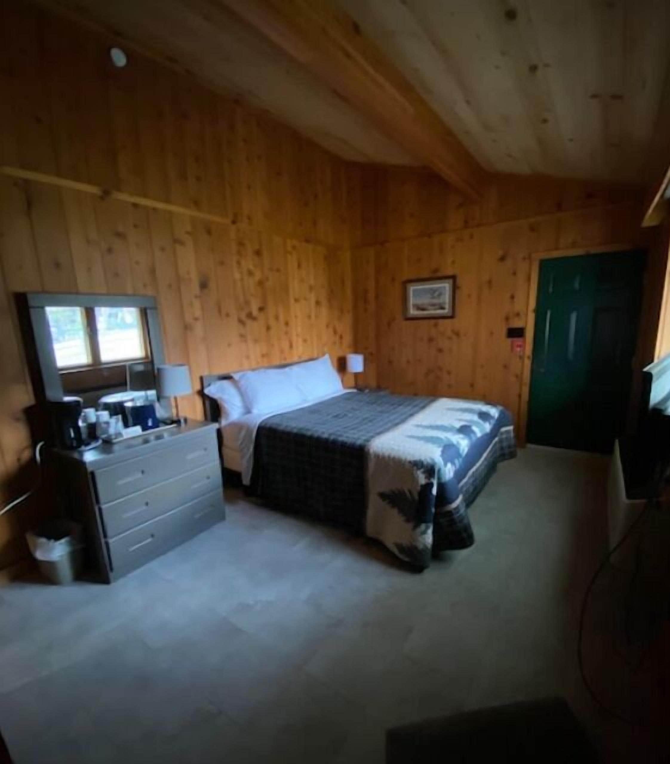 A bedroom with a bed, dresser, and a green door.