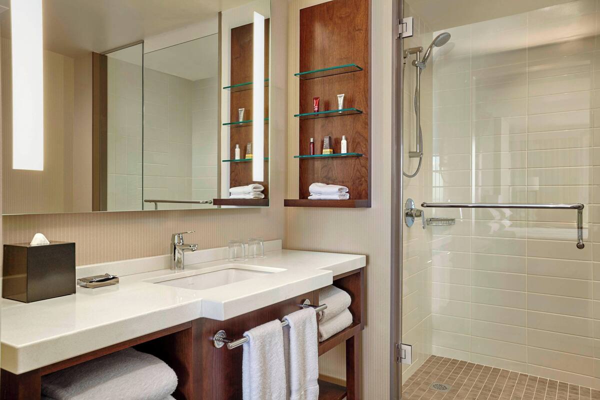 designer toiletries, hair dryer, towels