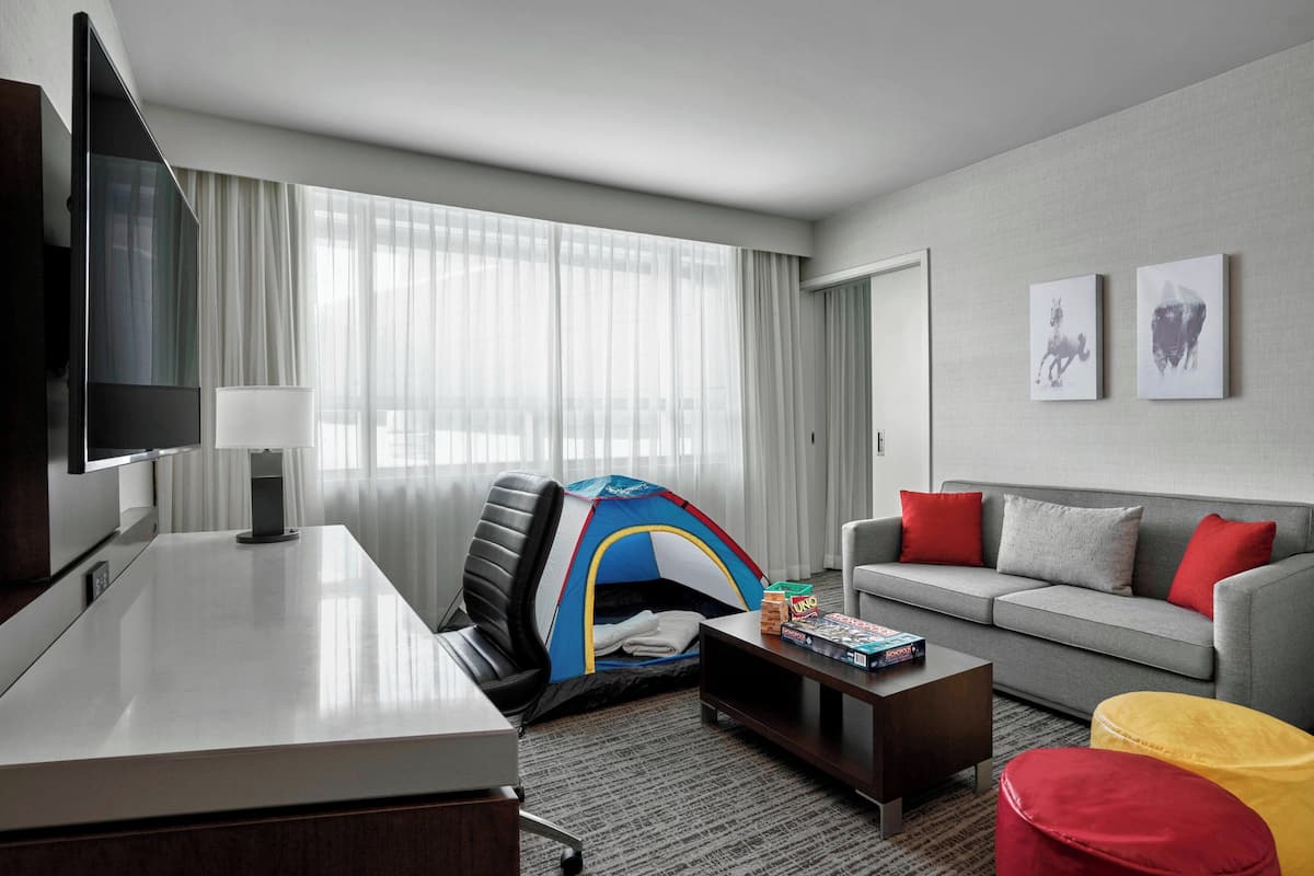 A hotel room with a bed, a desk, a television, a sofa, a coffee table, and a tent.