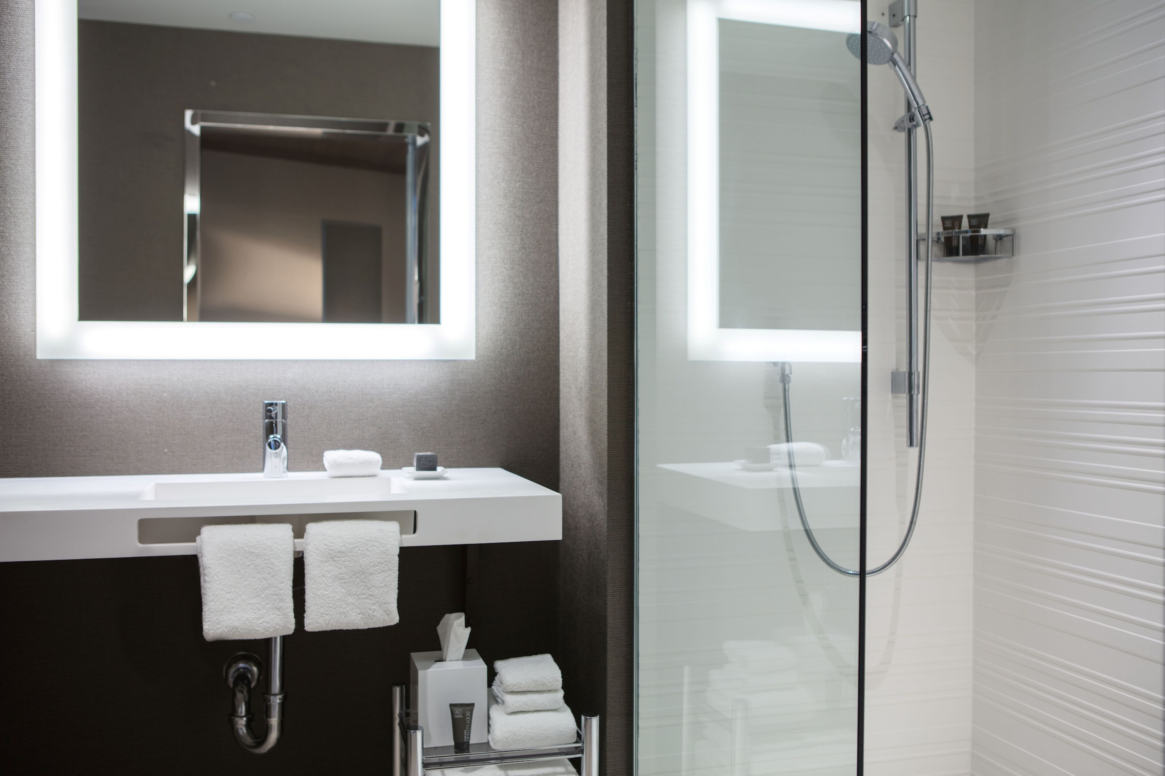 combined shower/bathtub, free toiletries, hair dryer, bathrobes