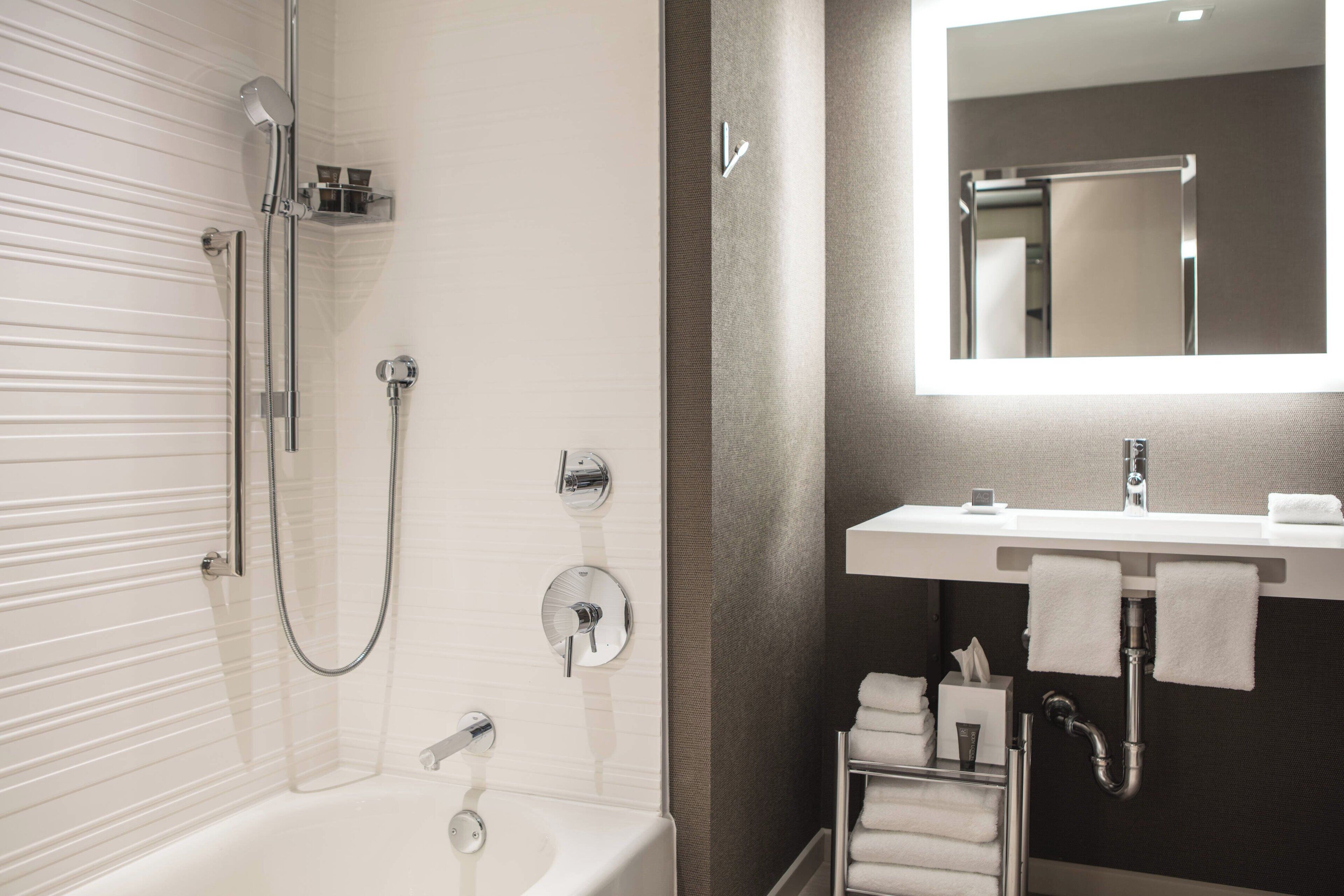 combined shower/bathtub, free toiletries, hair dryer, bathrobes