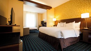 A hotel room with a large bed, a desk, a chair, a TV, and a patterned carpet.