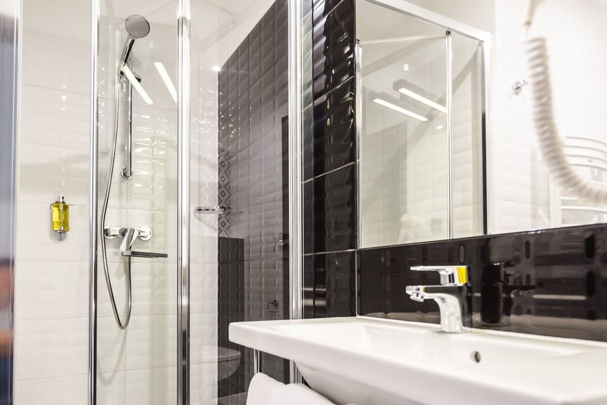 shower, free toiletries, hair dryer, towels