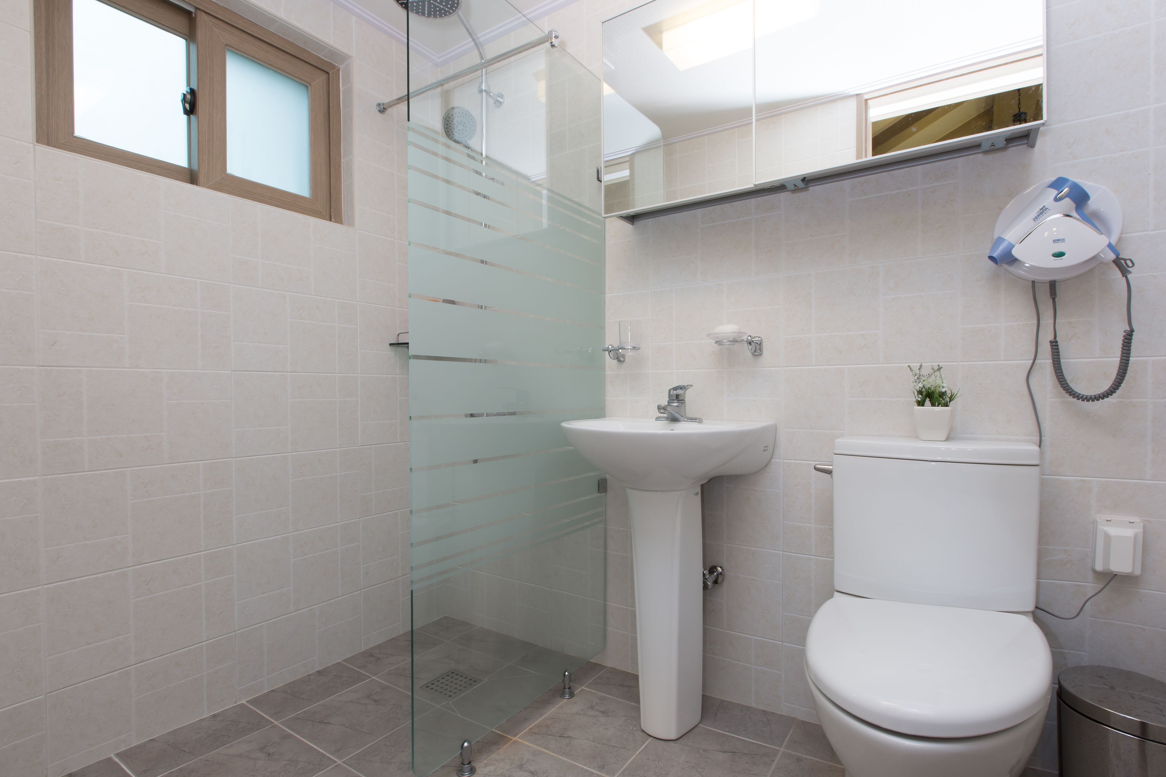 Shower, free toiletries, hair dryer, towels