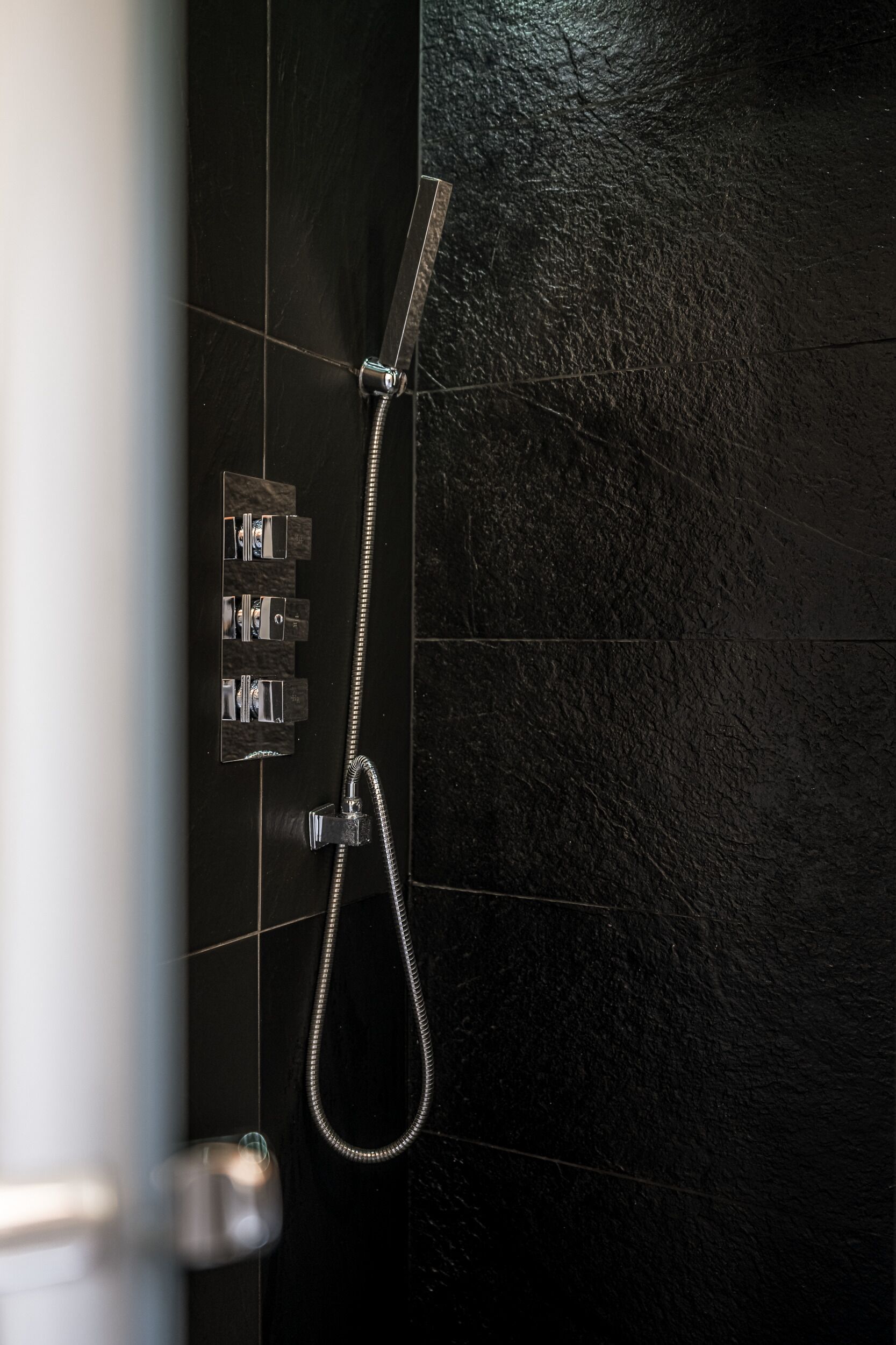 Une douche équipée d’un pommeau de douche à main et d’un pommeau de douche fixe fixé au mur, tous deux dotés de finitions métalliques.