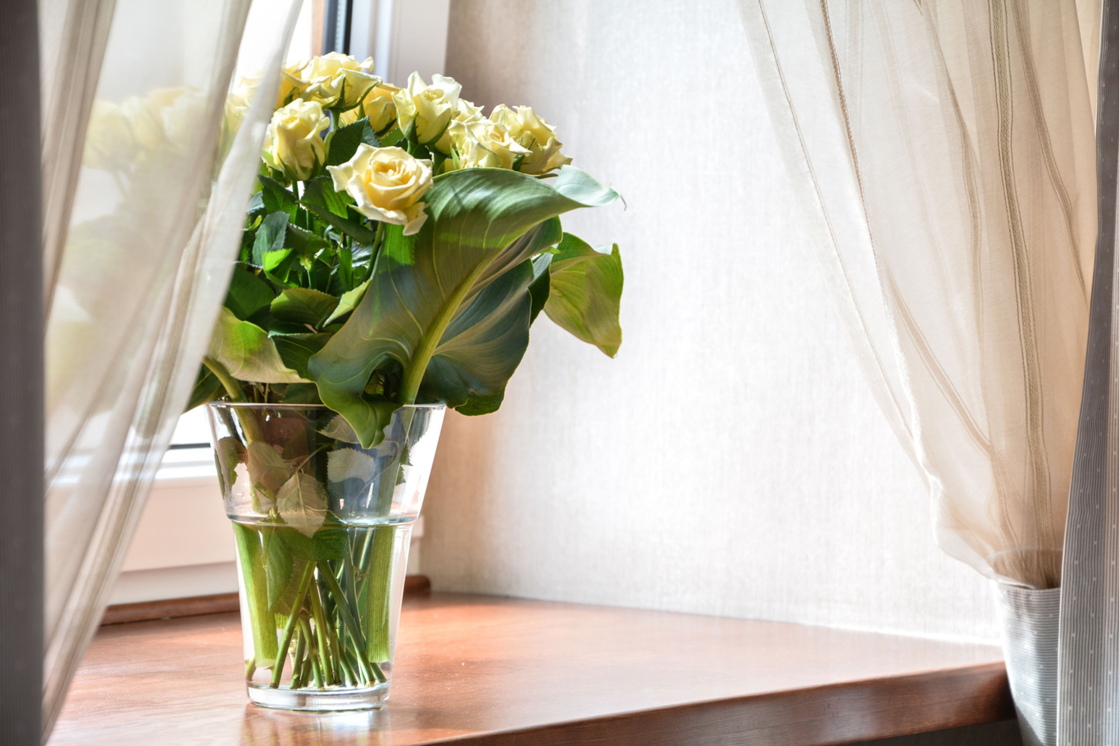 Un vase en verre transparent contenant de l’eau et des fleurs, posé sur une surface en bois près d’une fenêtre.