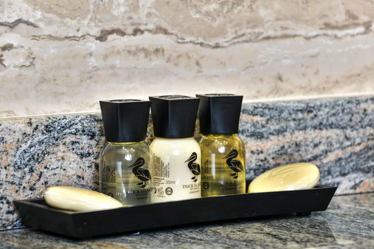 free toiletries, hair dryer, towels