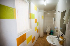 A bathroom with a toilet, sink, and shower area.