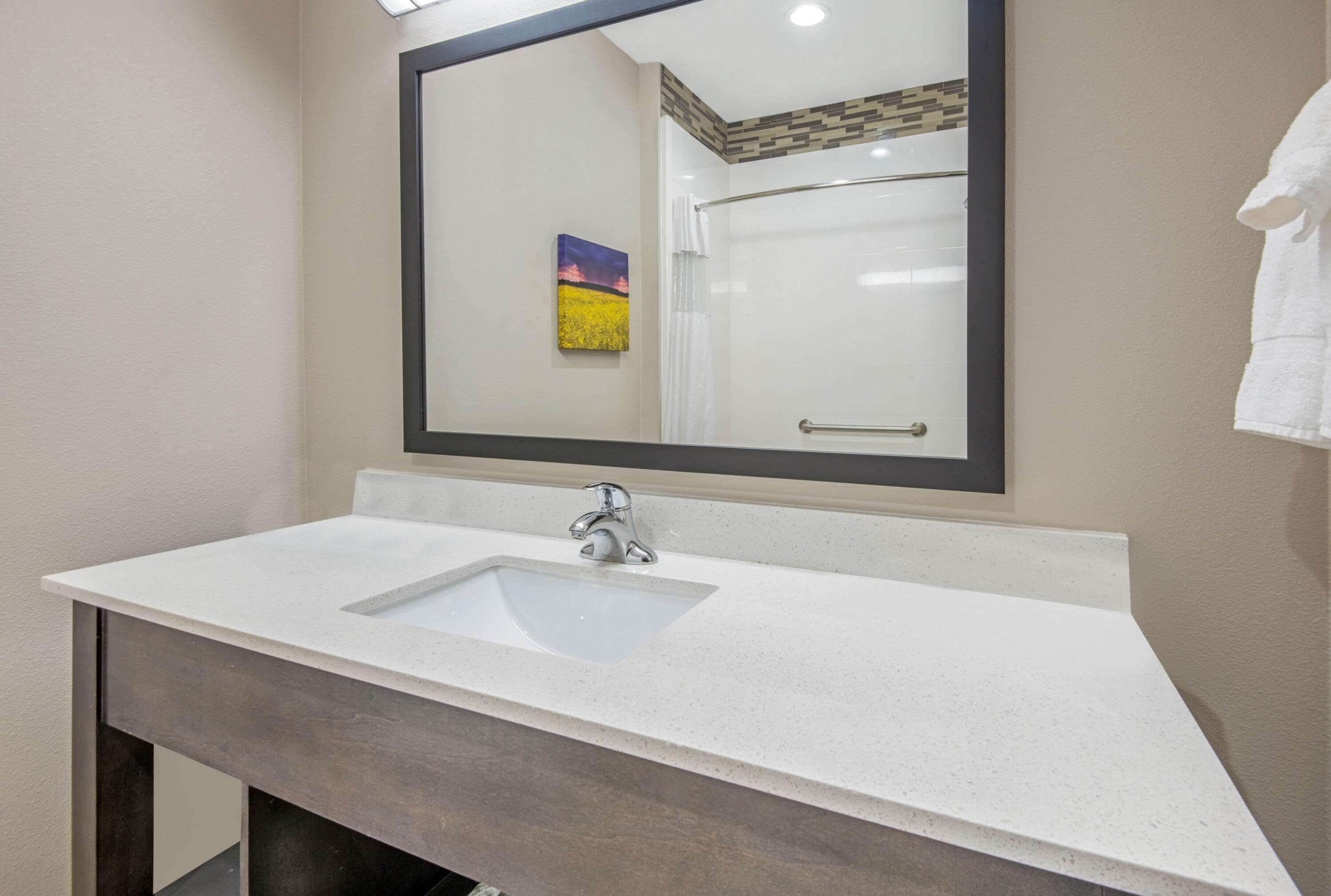 combined shower/bathtub, free toiletries, hair dryer, towels