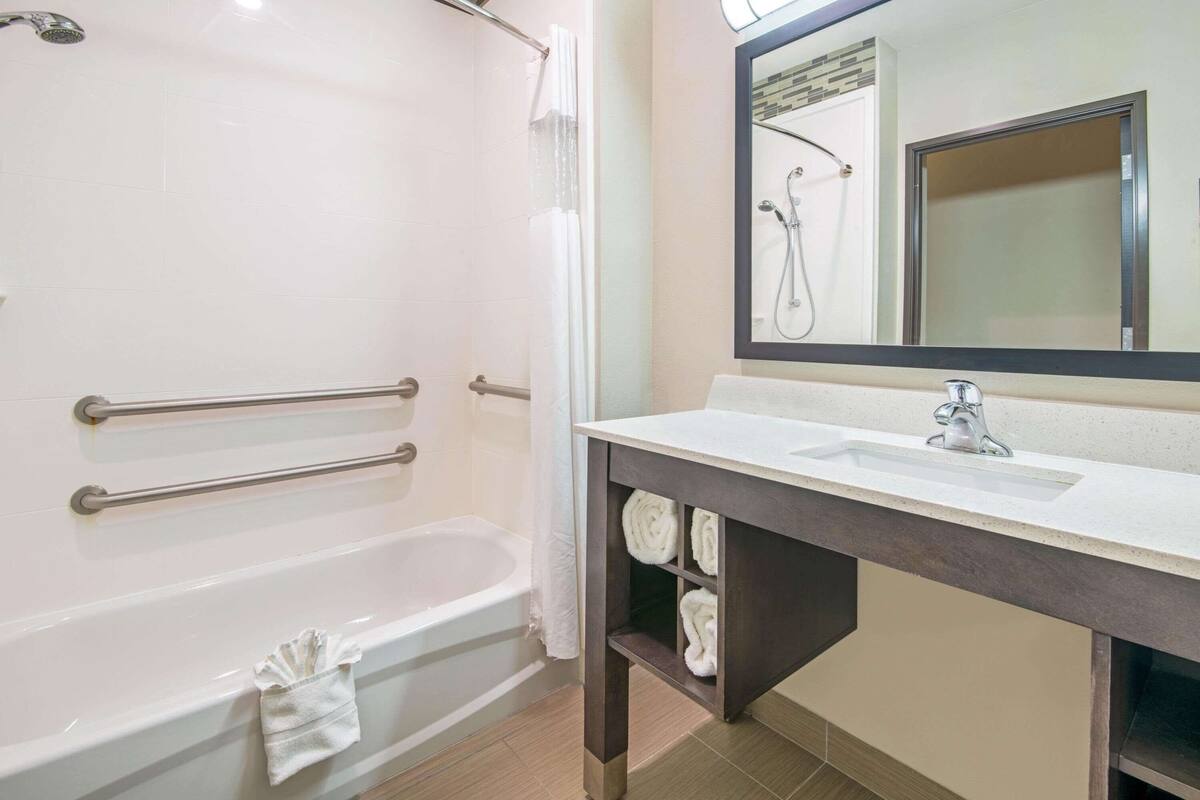 combined shower/bathtub, free toiletries, hair dryer, towels