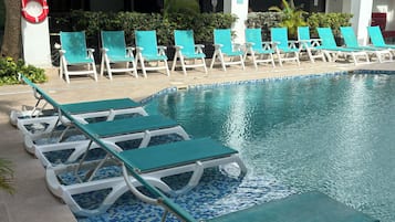 Outdoor pool, pool umbrellas, pool loungers