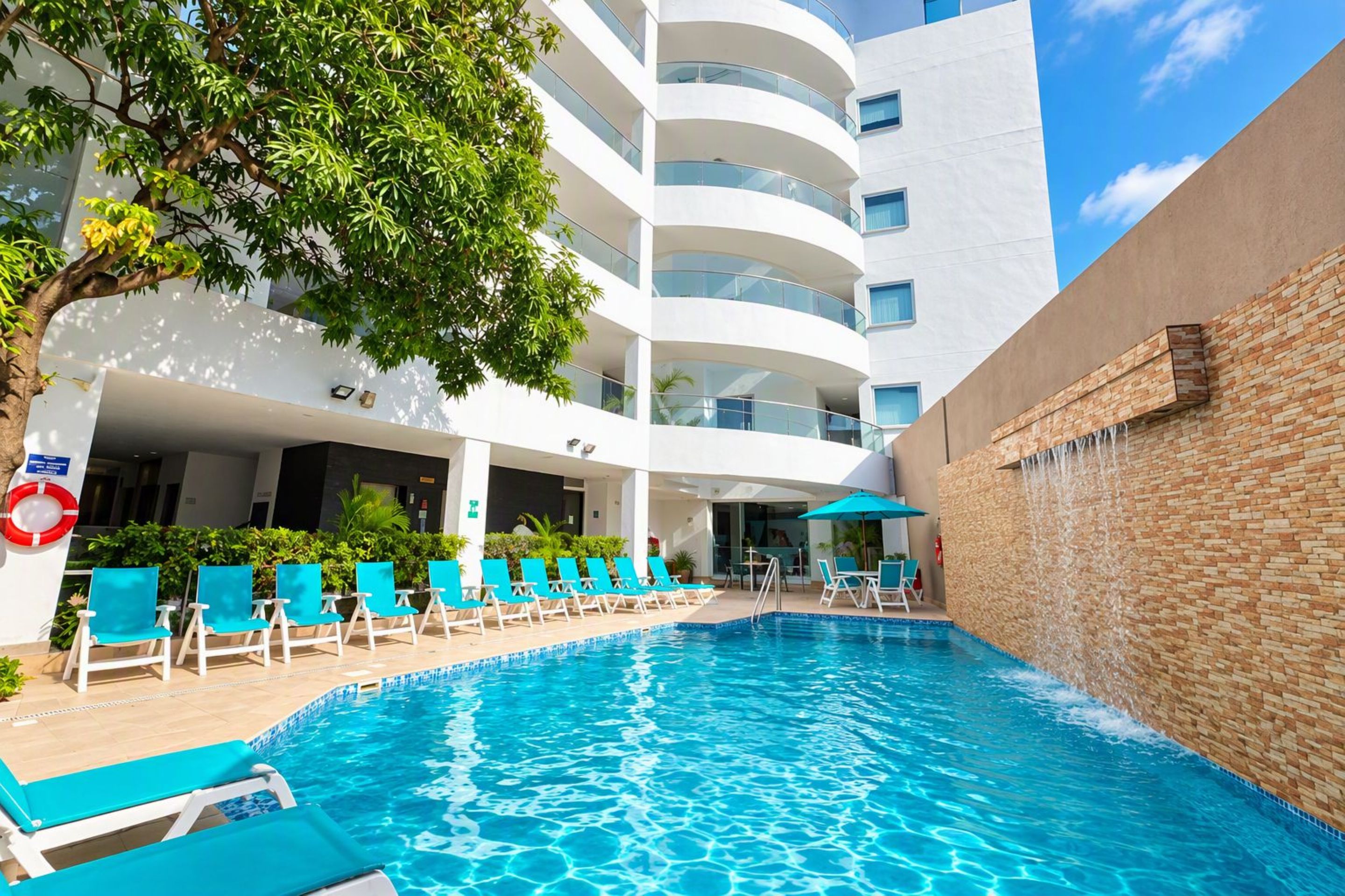 A swimming pool with lounge chairs, a building with multiple balconies, and a tree.