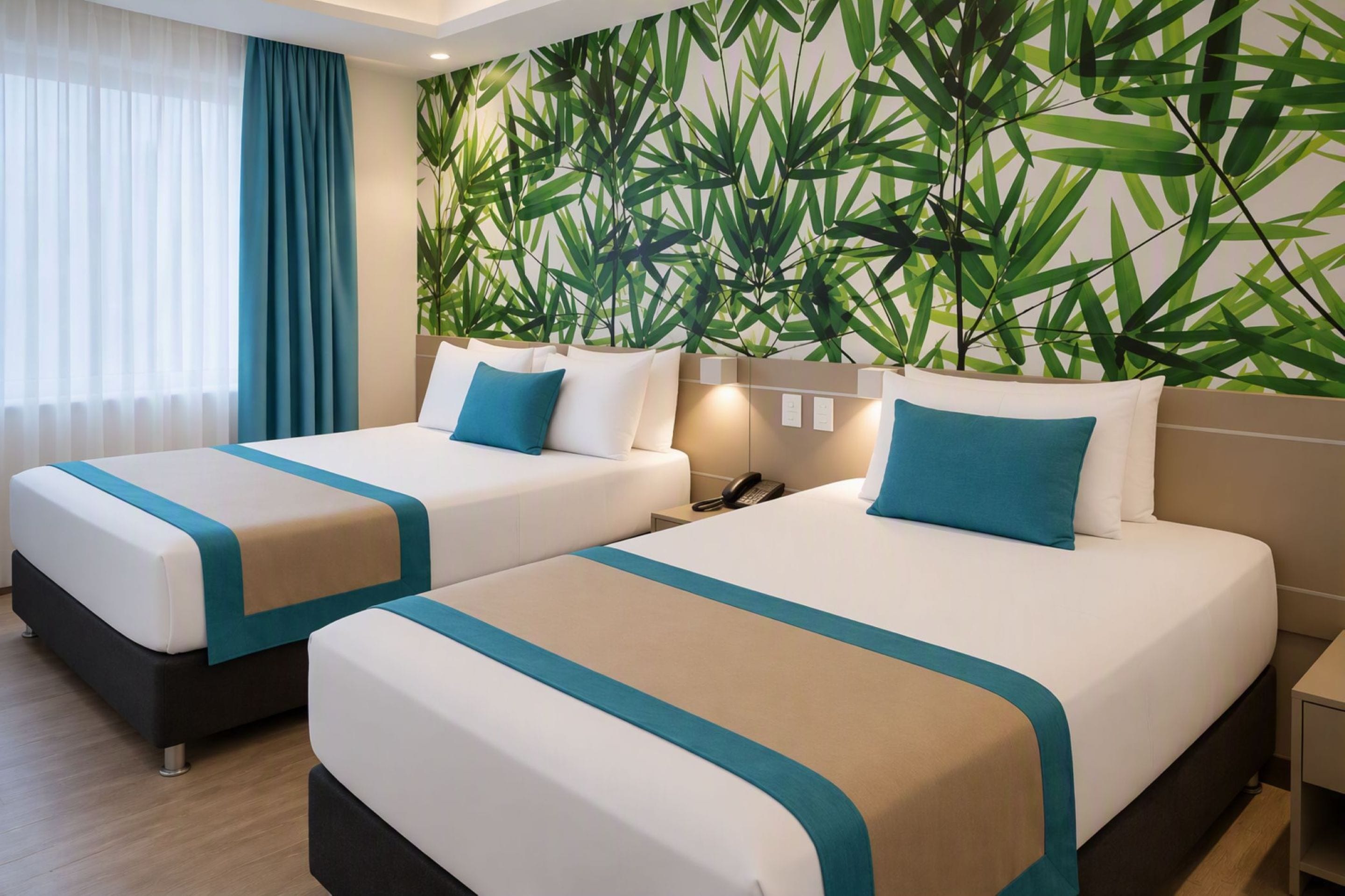 Una habitación de hotel con dos camas, cada una con una colcha blanca y azul verdoso, un cabecero con un teléfono y una pared con papel tapiz de hojas verdes.