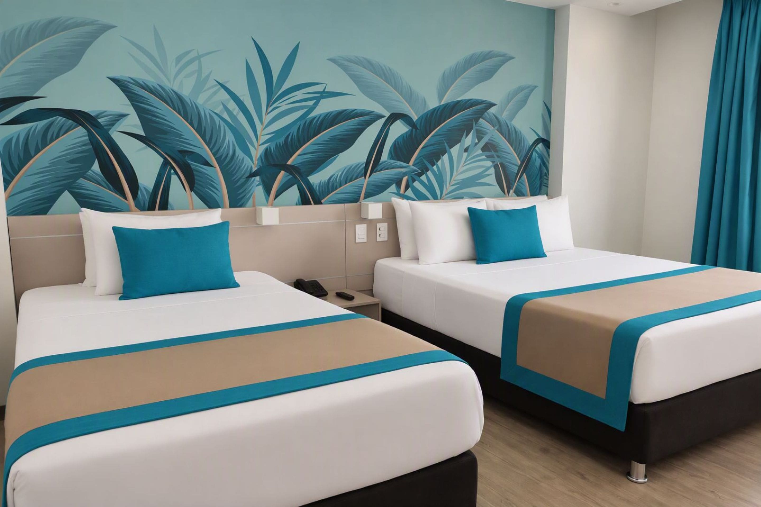 A hotel room with two beds, each with a white and teal bedspread, and a large mural of tropical leaves on the wall.