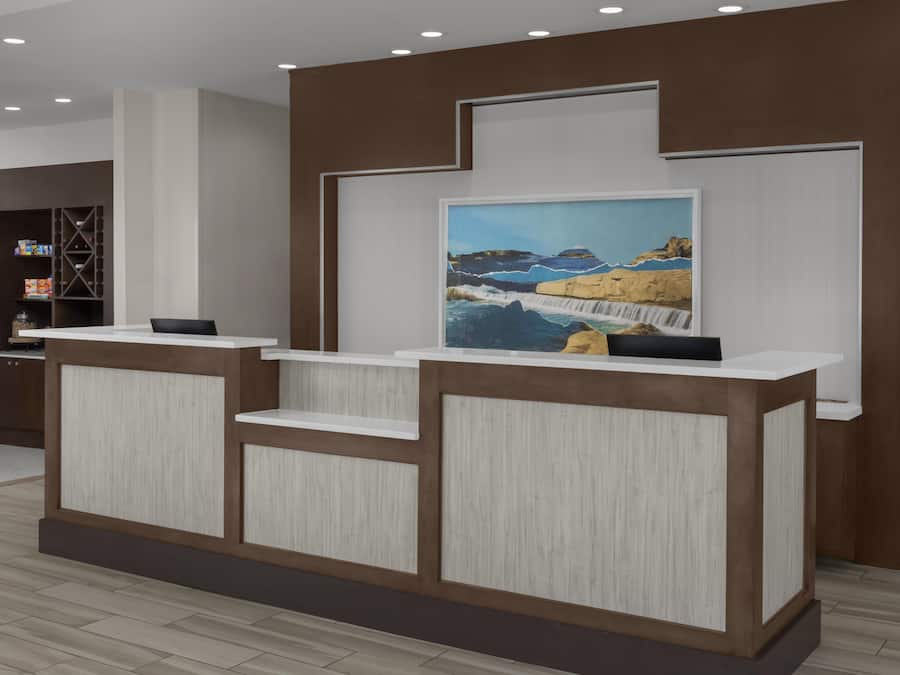 Bancada de recepção com uma pintura emoldurada de paisagem, balcão de madeira e uma estante com diversos objetos.