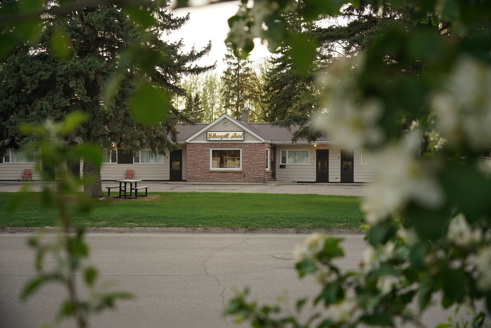 A small building with a sign reading 'Yellowgull Motel' in front of a grassy area and trees.