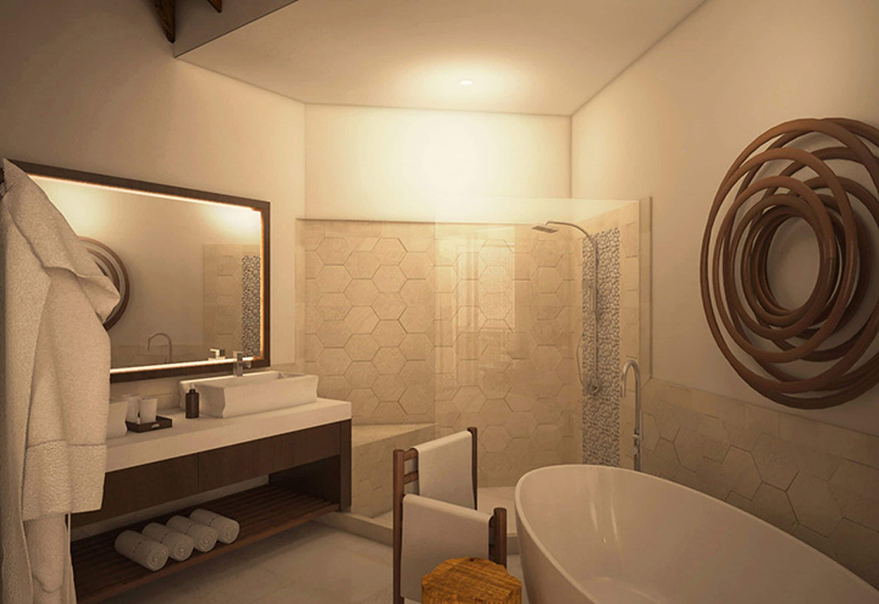 junior suite tropical view king | bathroom | designer toiletries, hair dryer, dressing gowns, slippers