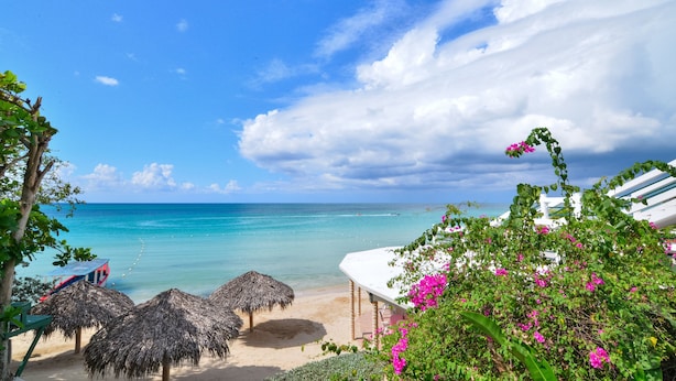 Ein Strand mit Reetdachschirmen, einem weißen Gebäude und rosa Blumen.