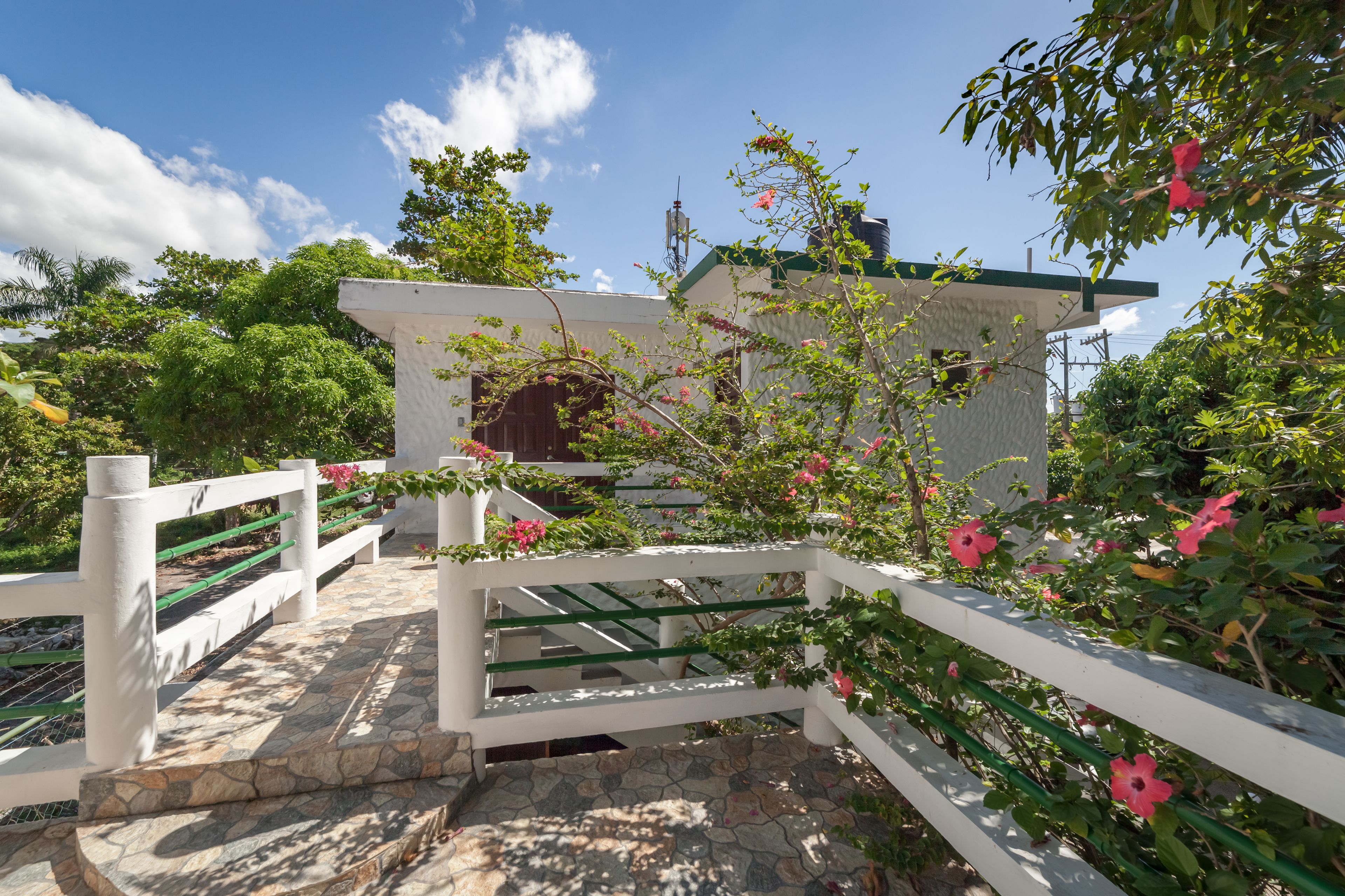 Una escalera de piedra que conduce a un edificio blanco con techo verde, rodeado de abundante vegetación y flores rosadas.