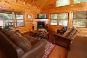 Cabin, 1 Bedroom, Patio (Skinny Dippin Cabin 2645) | Living area | Fireplace, DVD player - Skinny Dippin 1 Br cabin by RedAwning (Sevierville)