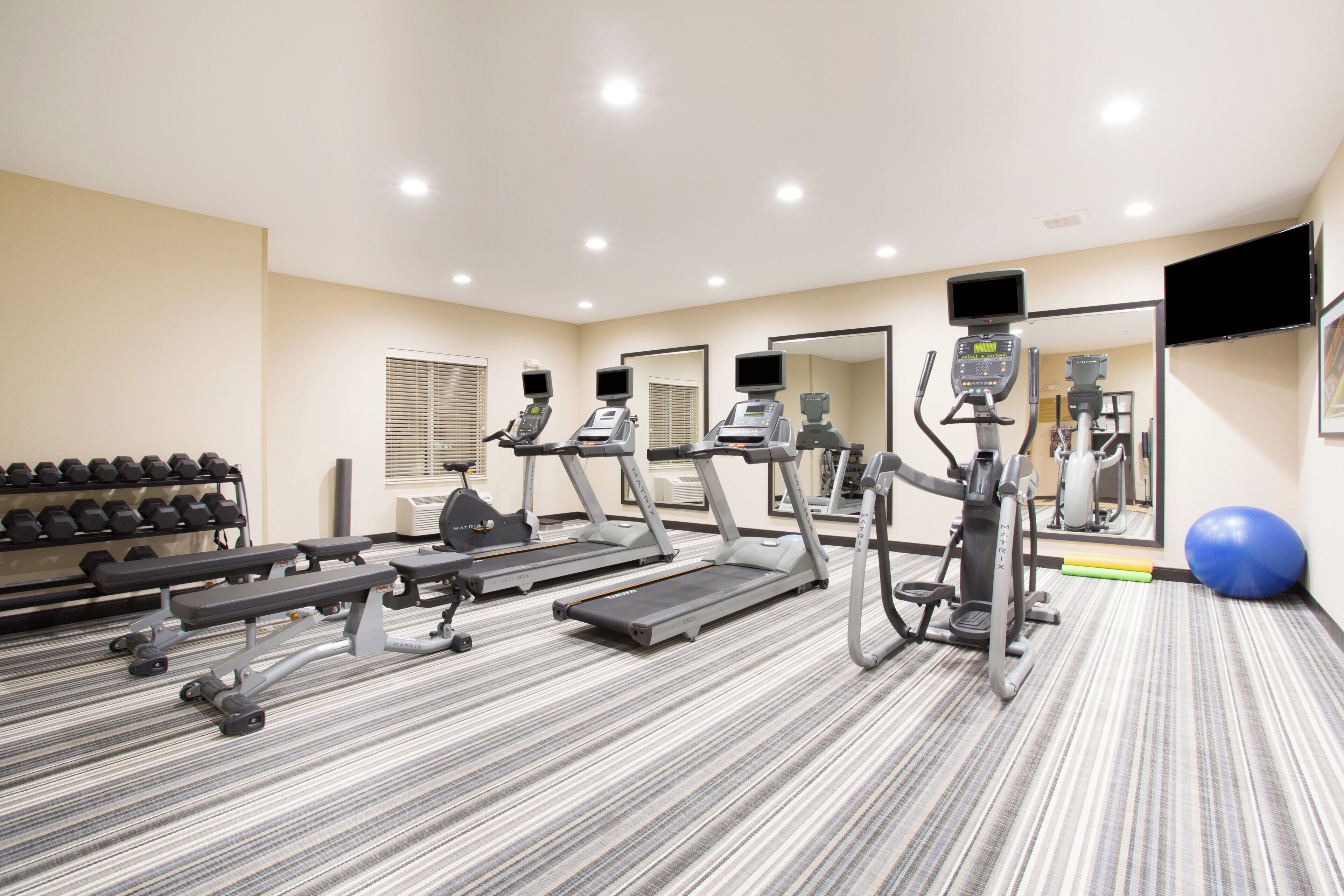 A gym with treadmills, elliptical machines, and free weights.