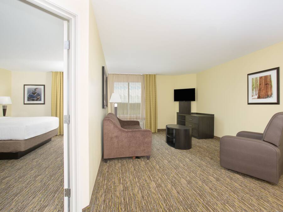 A hotel room with a bed, two armchairs, a small table, a TV, and a framed picture on the wall.