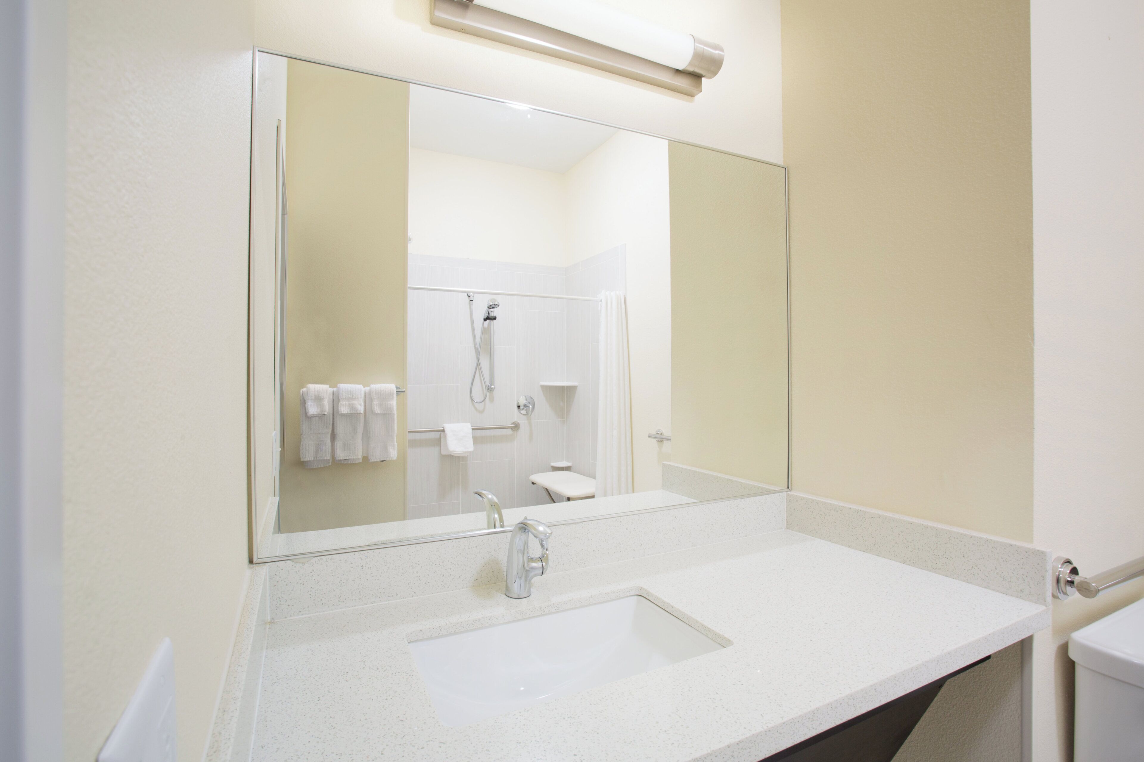 A bathroom with a large mirror, a sink, and a shower.