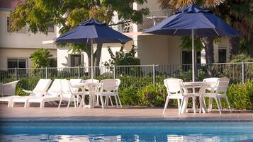 Outdoor pool, open 8 AM to 9 PM, pool umbrellas, pool loungers