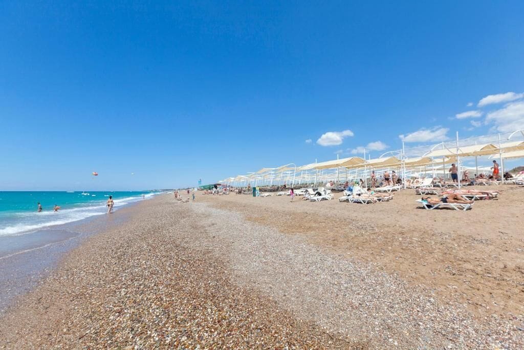 Una platja de gavots amb ombrel·les i gandules.