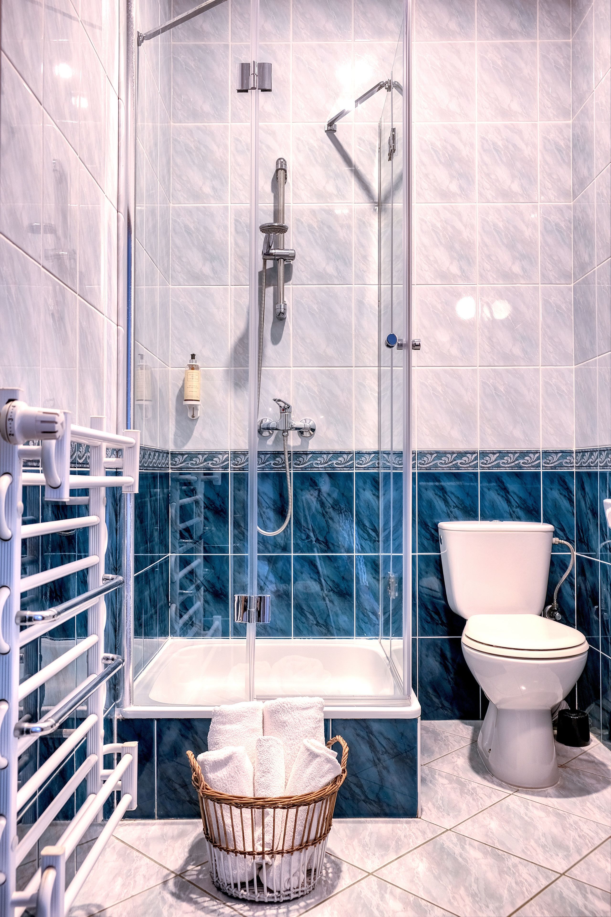 Un baño con ducha de vidrio, bañera blanca y un inodoro.