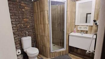 A bathroom with a shower, toilet, sink, and a mirror.