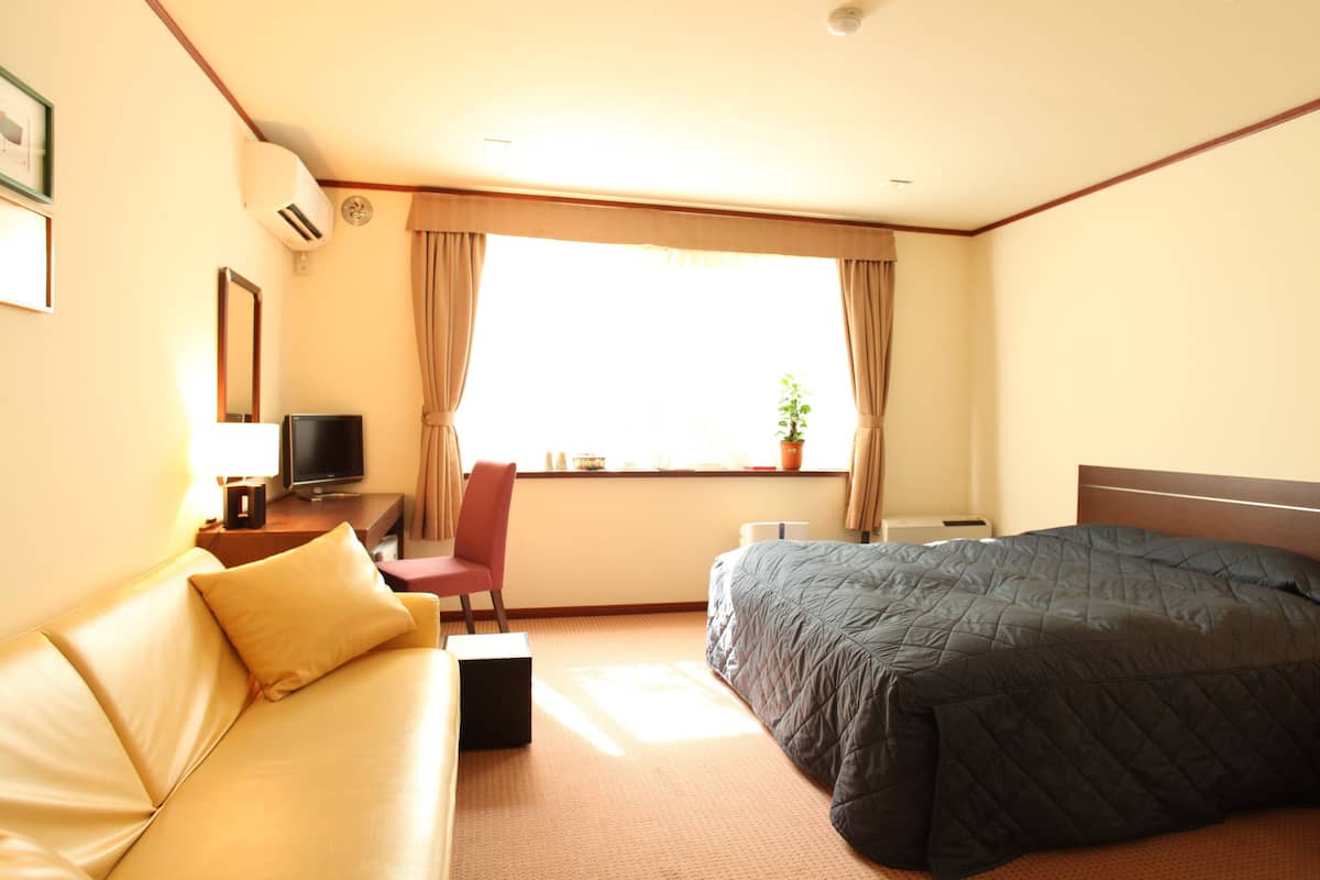 Una camera d'albergo con un letto, una poltrona, una televisione, una sedia e una finestra con tende.