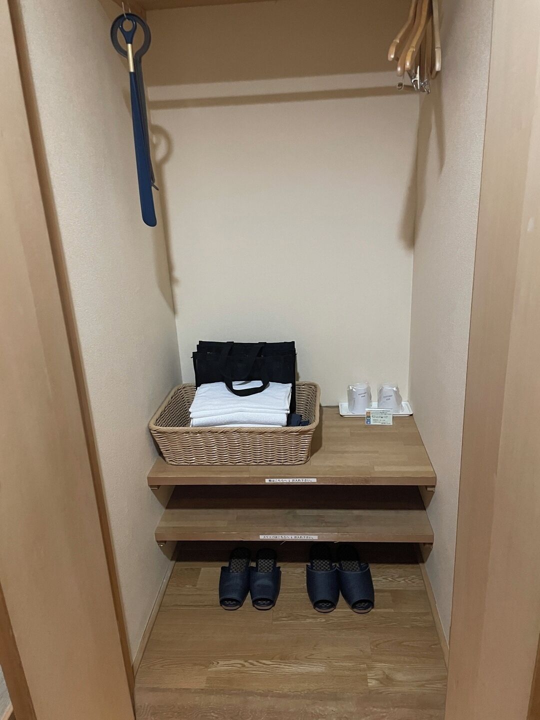 Ein Kleiderschrank mit Kleiderstange, ein Korbwäscheschrank mit gefalteter Kleidung und ein Paar Schuhe am Boden.