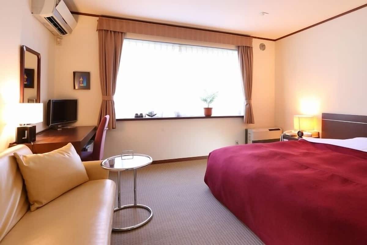 Une chambre d’hôtel avec un lit, une télévision, une petite table, un canapé et une fenêtre avec des rideaux.