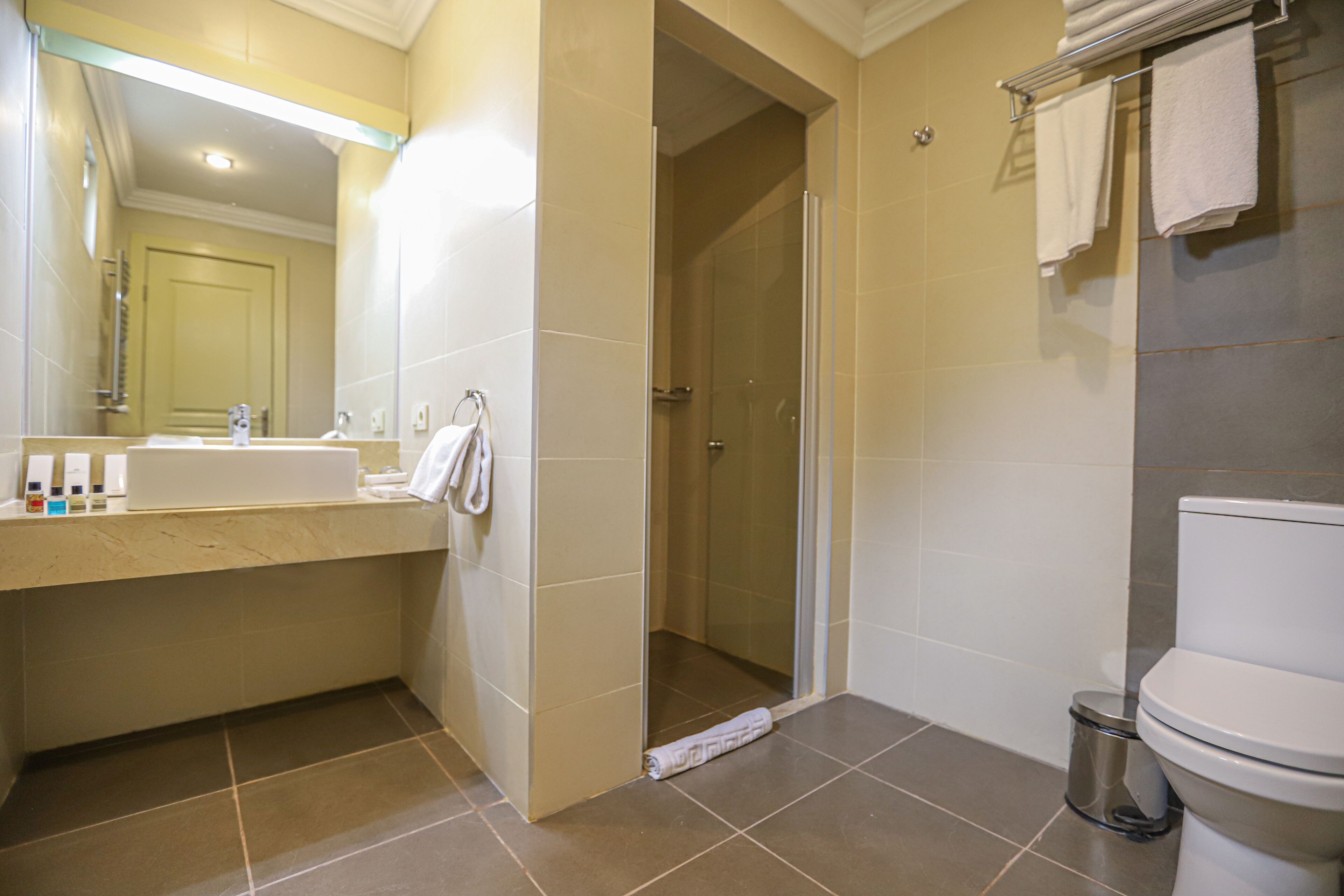 Une salle de bain équipée d’un lavabo, d’un miroir, d’une douche, de toilettes et d’un porte-serviettes.