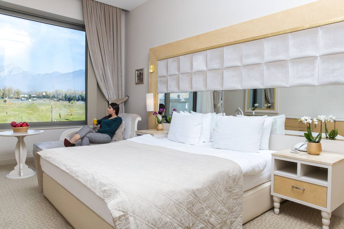 A hotel room with a large bed, a bedside table with a lamp, a nightstand, a mirror, and a window with a view of mountains and greenery.
