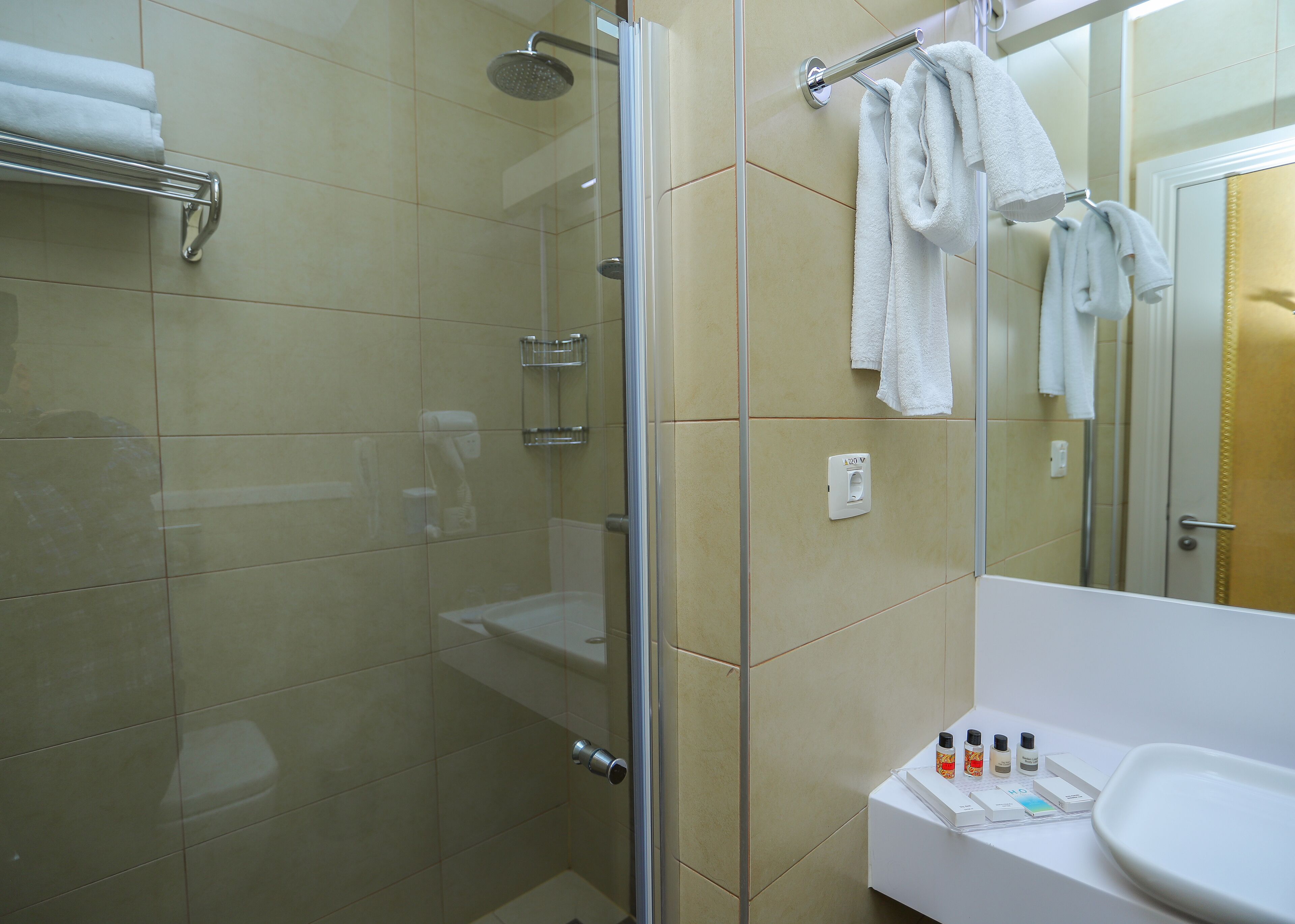 A modern bathroom with a glass-enclosed shower, a white sink, and a mirror.
