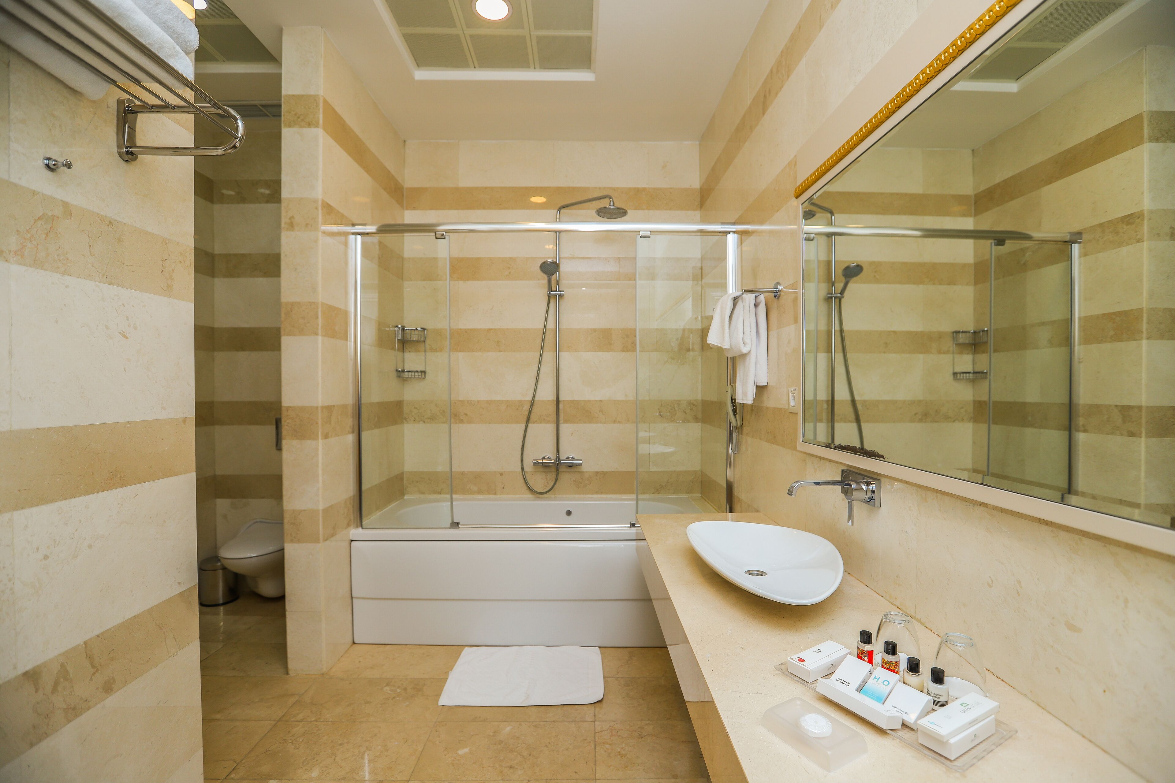 A modern bathroom with a glass-enclosed shower, a bathtub, a white sink, and a vanity with toiletries.