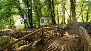 A wooden bridge over a pond, surrounded by trees and a gazebo. - Qafqaz Riverside Resort Hotel (Gabala)