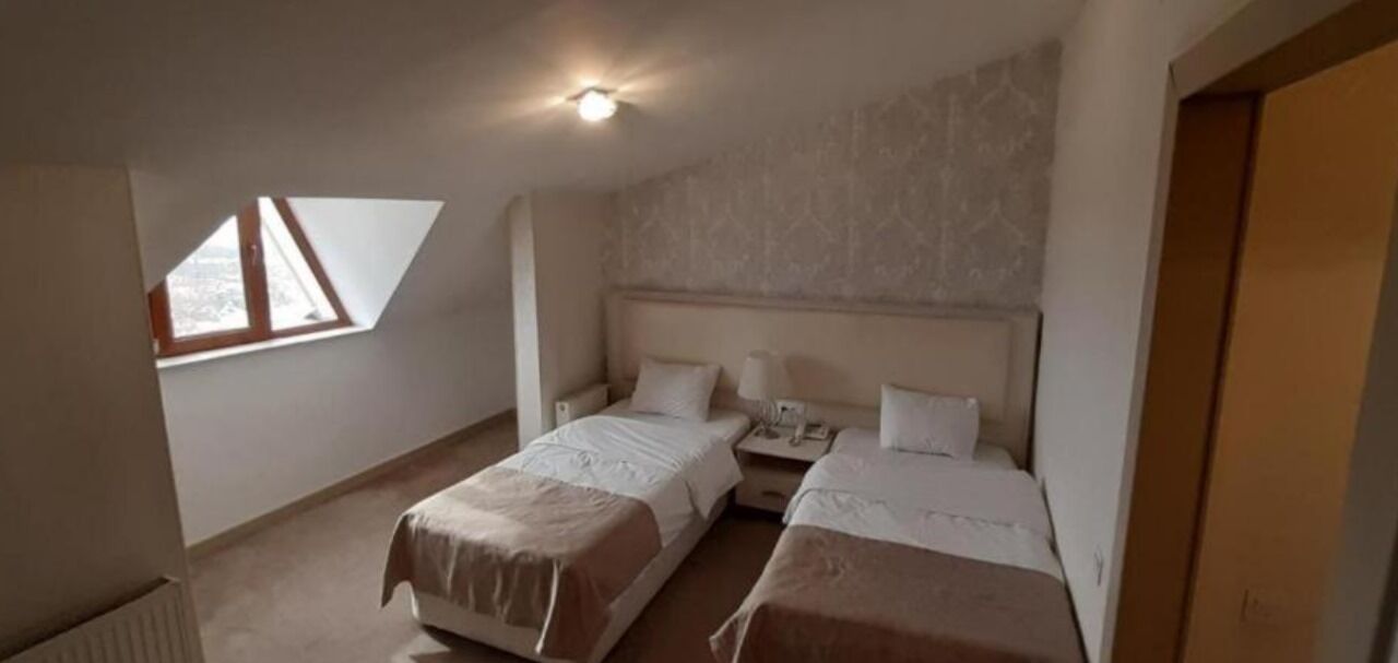 A bedroom with two beds, a skylight, and a nightstand.
