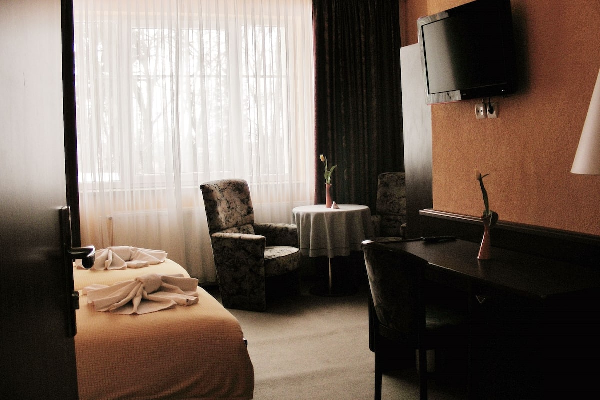 A hotel room with a bed, a desk, a chair, a small table with a vase, and a TV mounted on the wall.