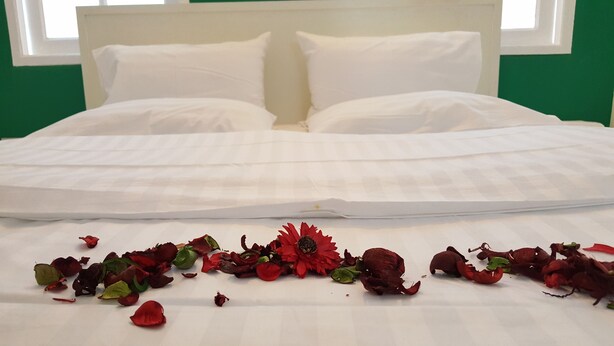 Cama com roupa de cama e almofadas brancas, parede verde e janela ao fundo.