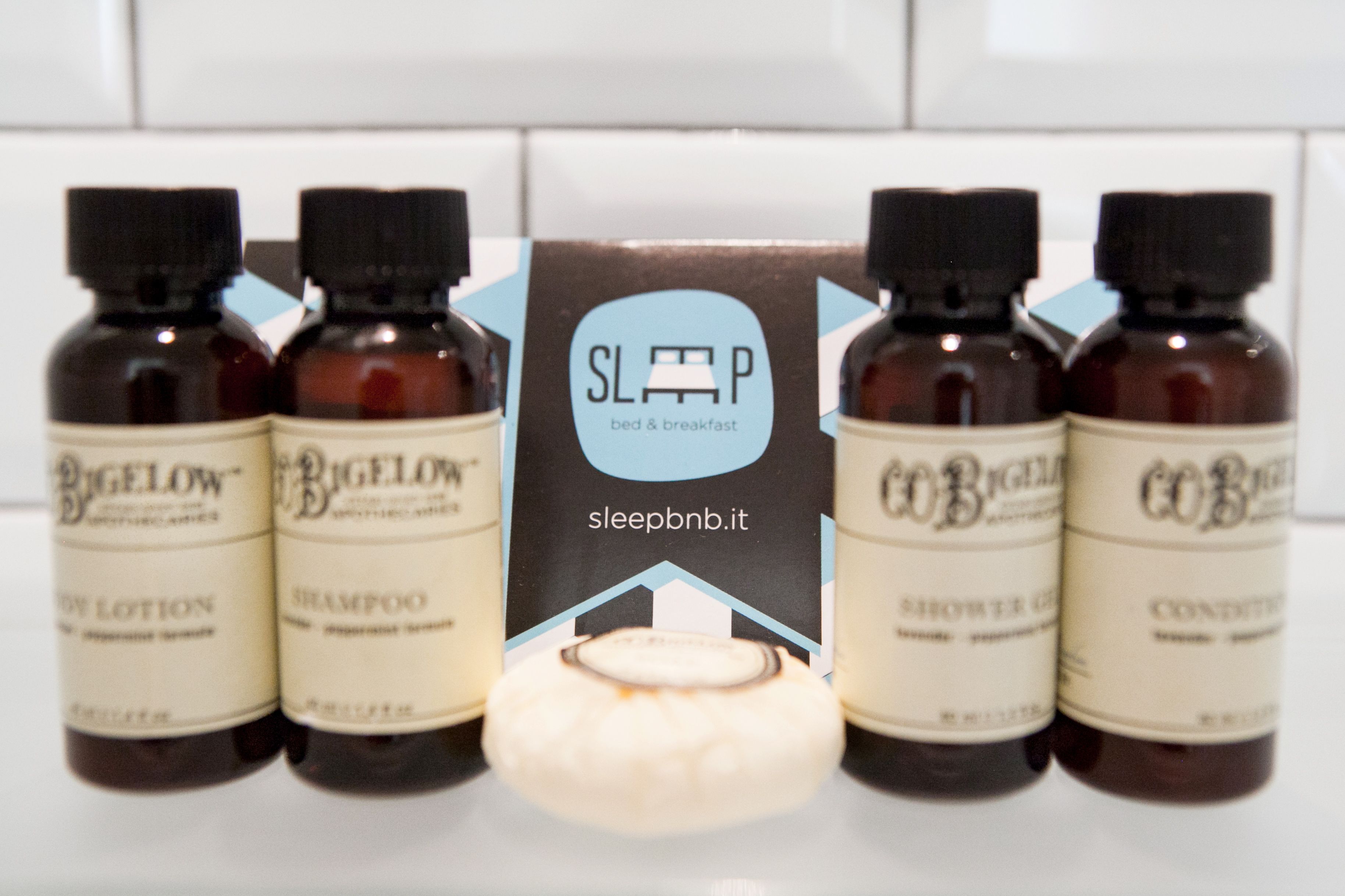 A display of four bottles of Bigelow shampoo and conditioner, a bar of soap, and a sign for SLAP bed & breakfast.