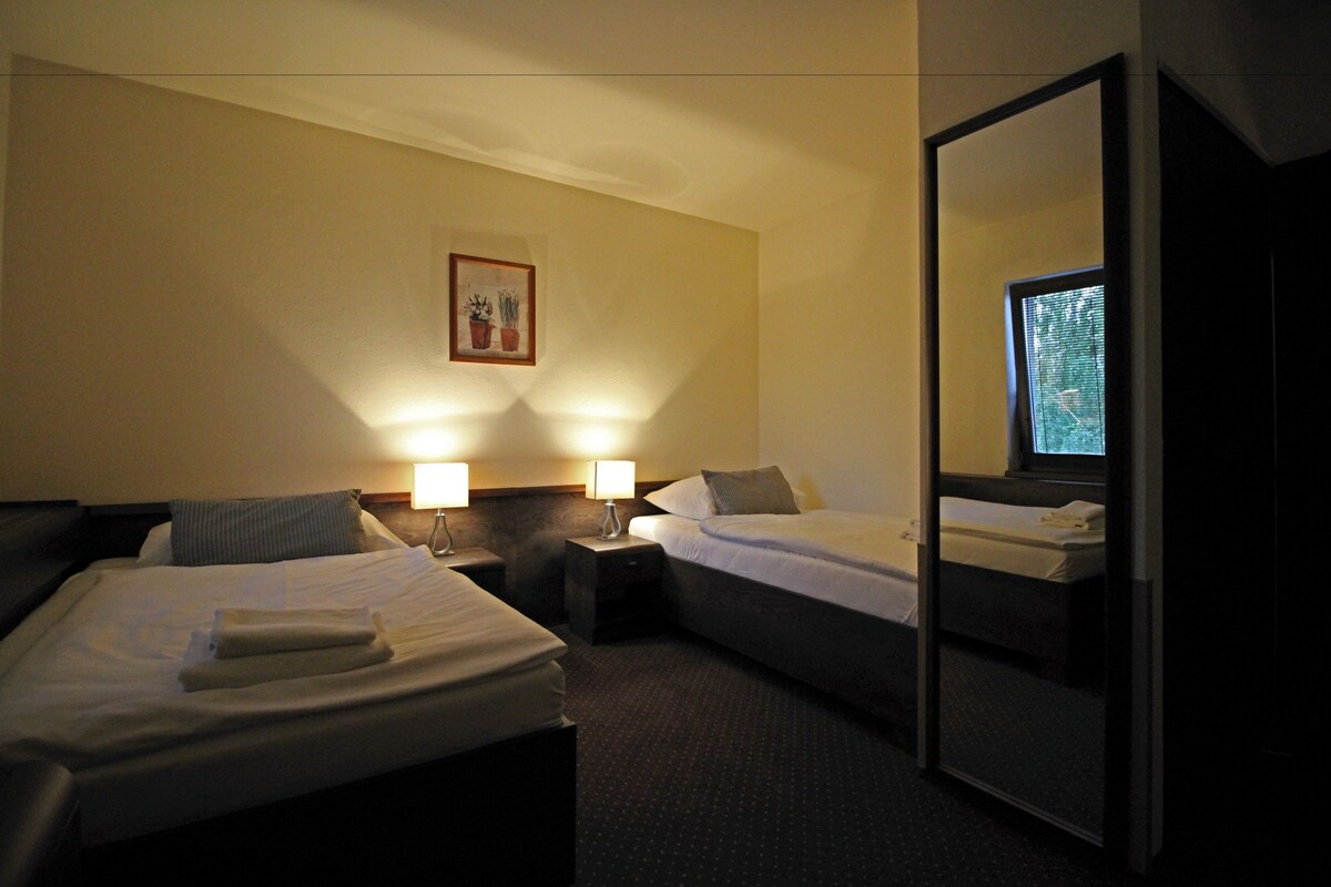 A hotel room with two beds, a nightstand with lamps, a framed picture on the wall, and a large mirror reflecting part of the room.