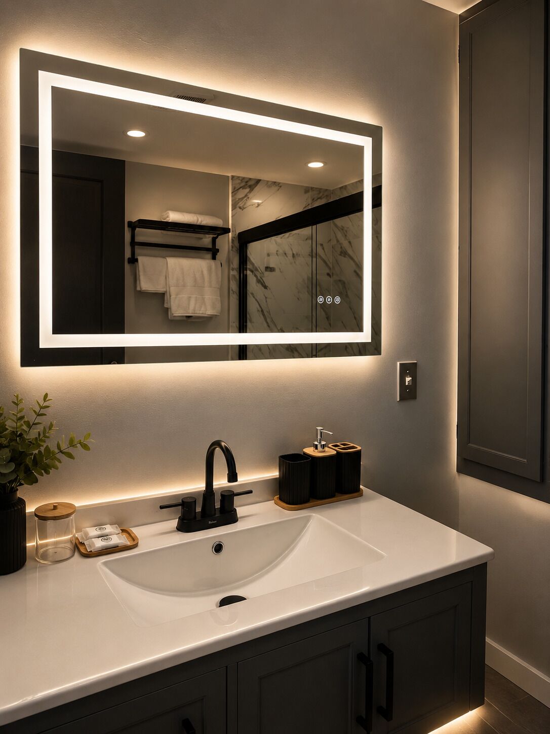 A bathroom with a large mirror, a white sink, dark cabinets, and a towel rack with towels.
