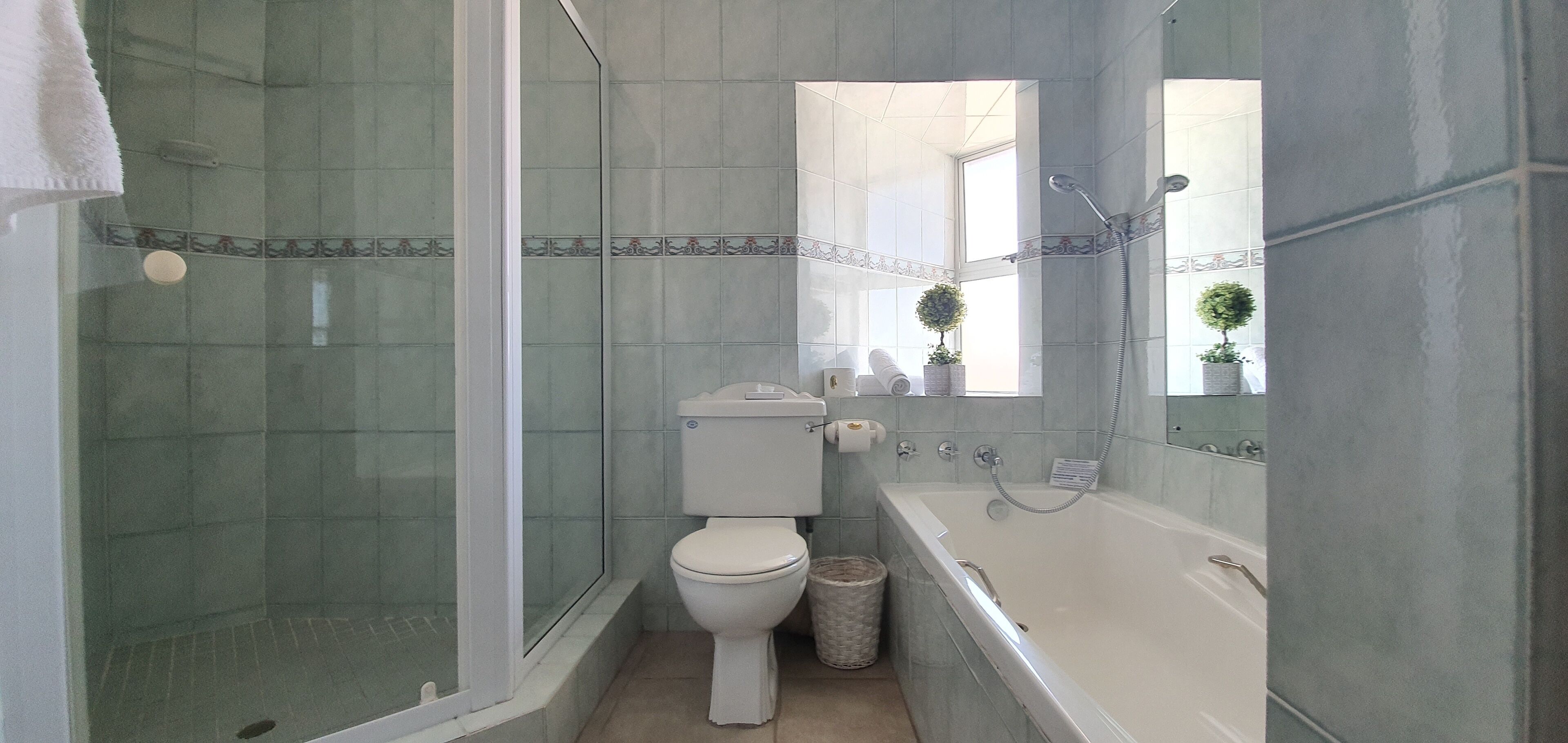 Et badeværelse med bruseniche, toilet, badekar og et spejl.
