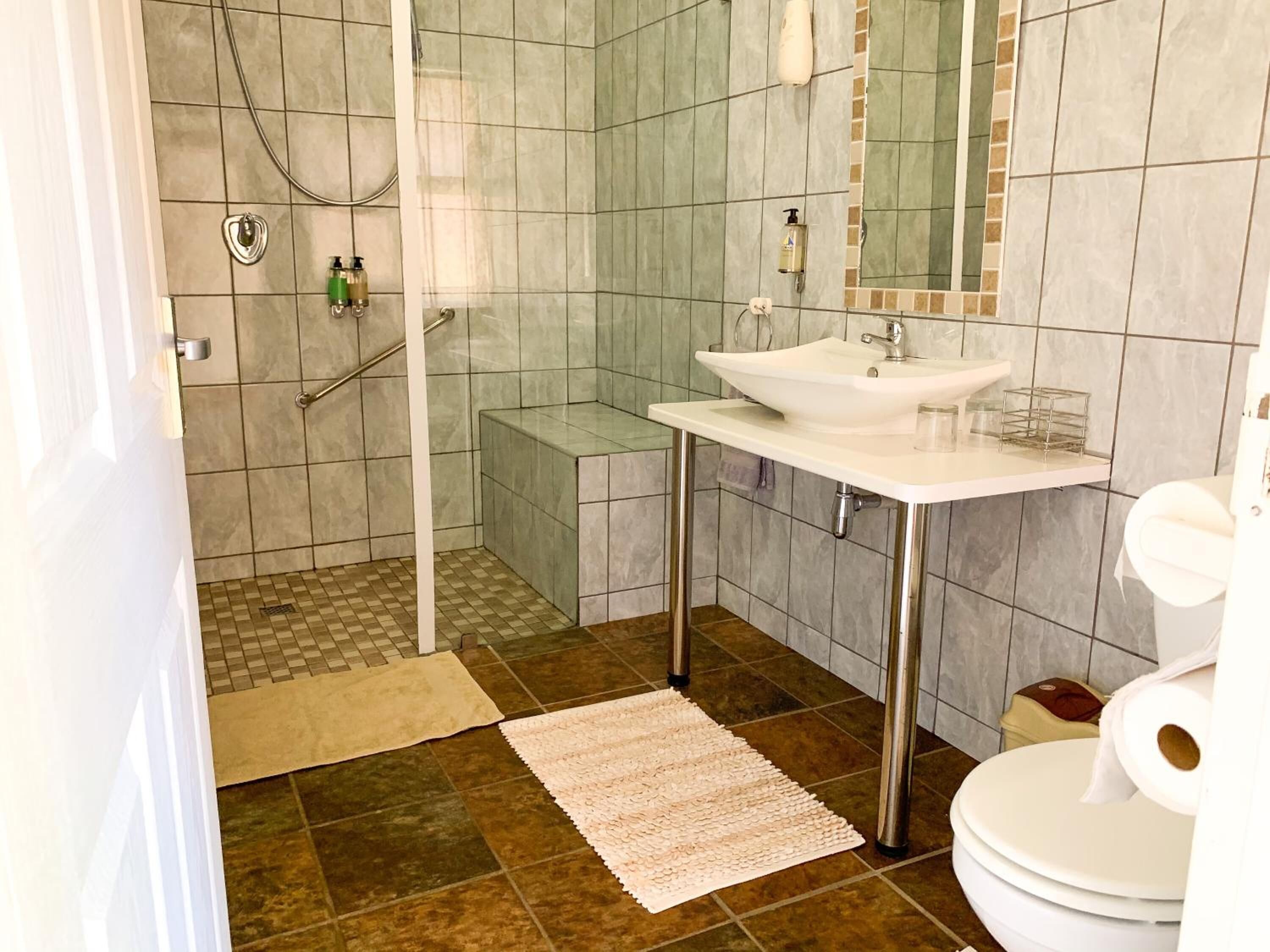 A bathroom with a shower, sink, toilet, and a small step leading to the shower.