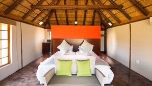Une chambre spacieuse avec un haut plafond en bois, un grand lit avec une literie blanche et des oreillers verts, et un mur d’accent d’un orange vif.
