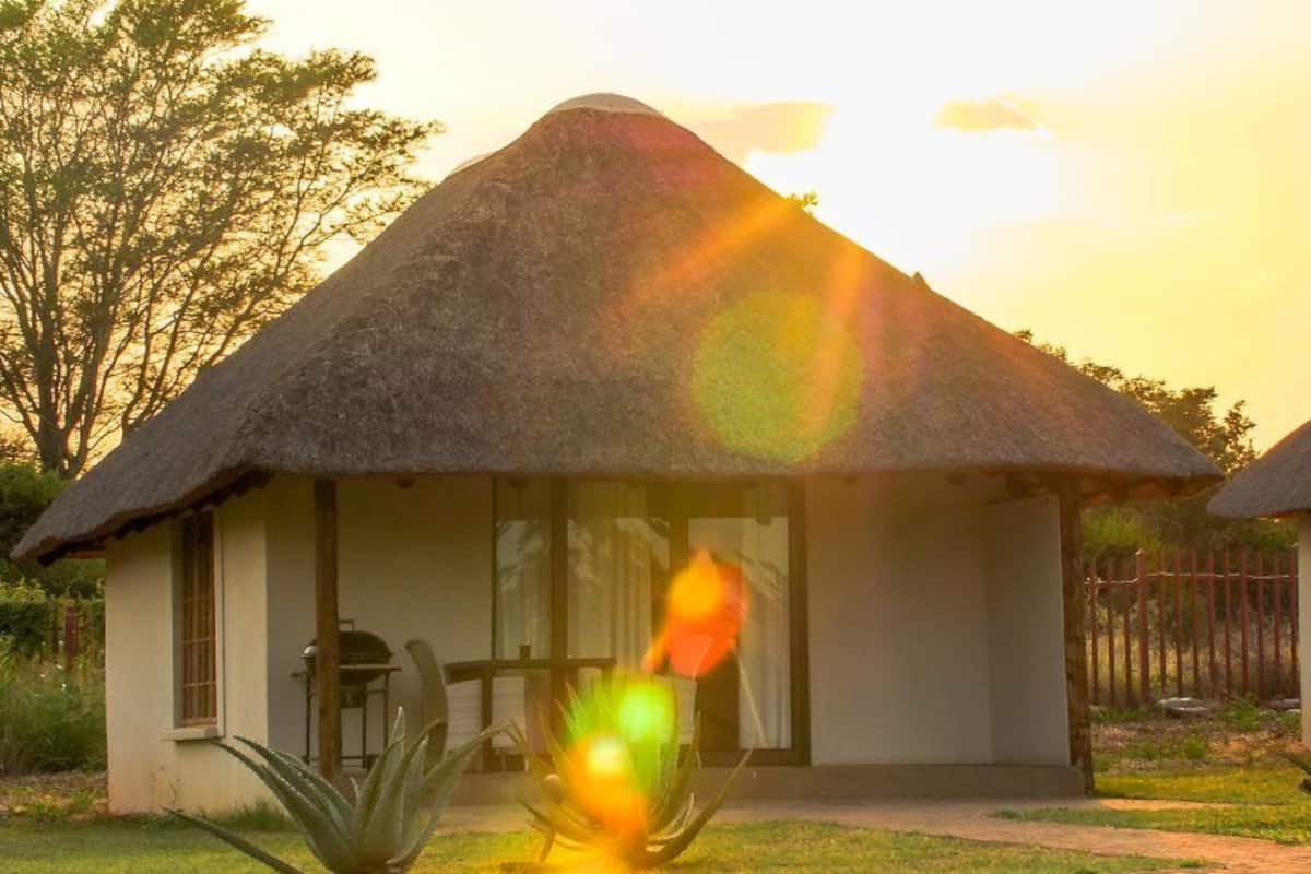 A thatched-roof building with a patio and a small table, surrounded by greenery.